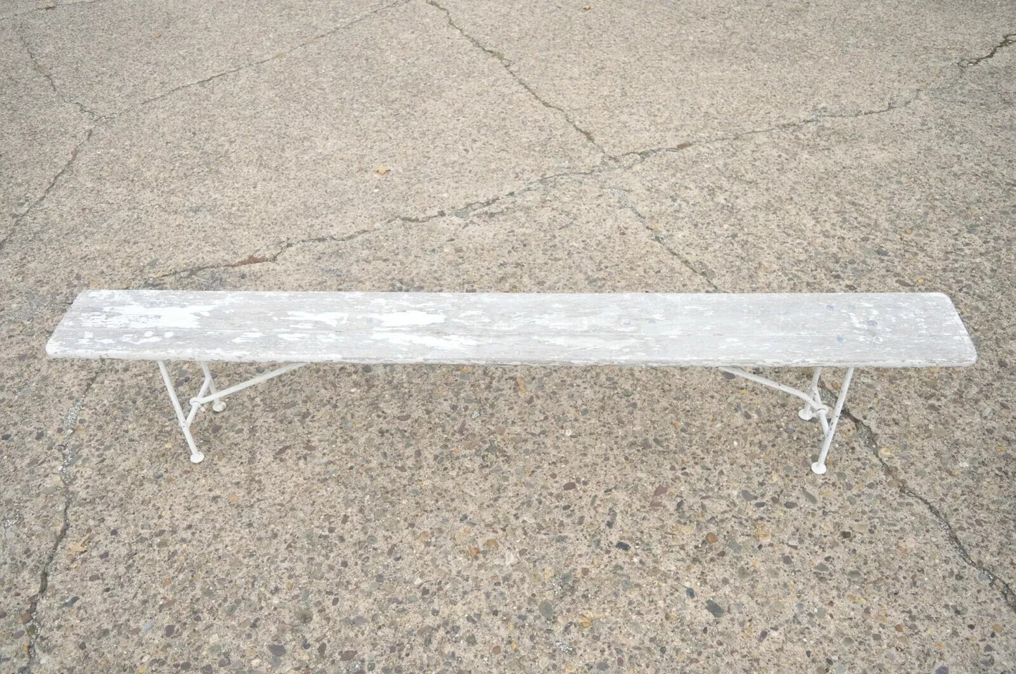 Antique French Industrial 94" Long White Distress Paint Wrought Iron Wood Bench