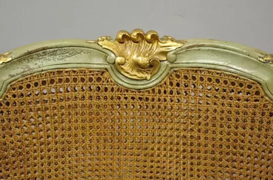 Antique French Louis XV Style Green Distressed Gold Gilt Cane Bergere Arm Chair