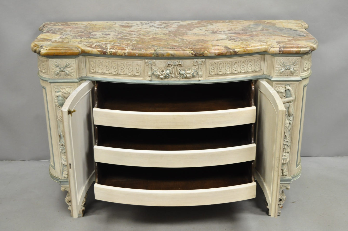 French Renaissance White Blue Painted Figural Carved Marble Top Buffet Commode