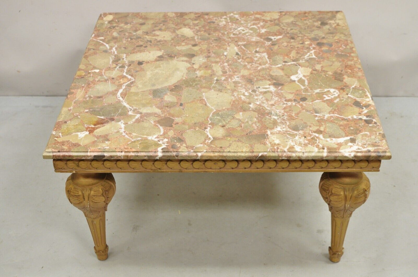 Vintage Italian Neoclassical Style Pink Rouge Marble Square Coffee Table