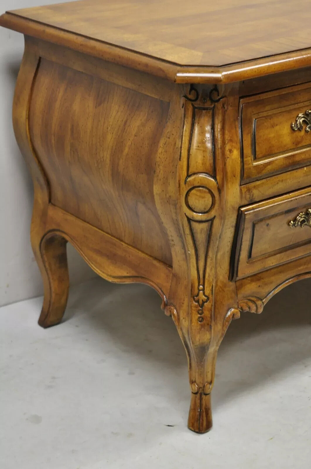 Drexel Heritage French Provincial Fruitwood Bombe Low Commode Nightstand Chest