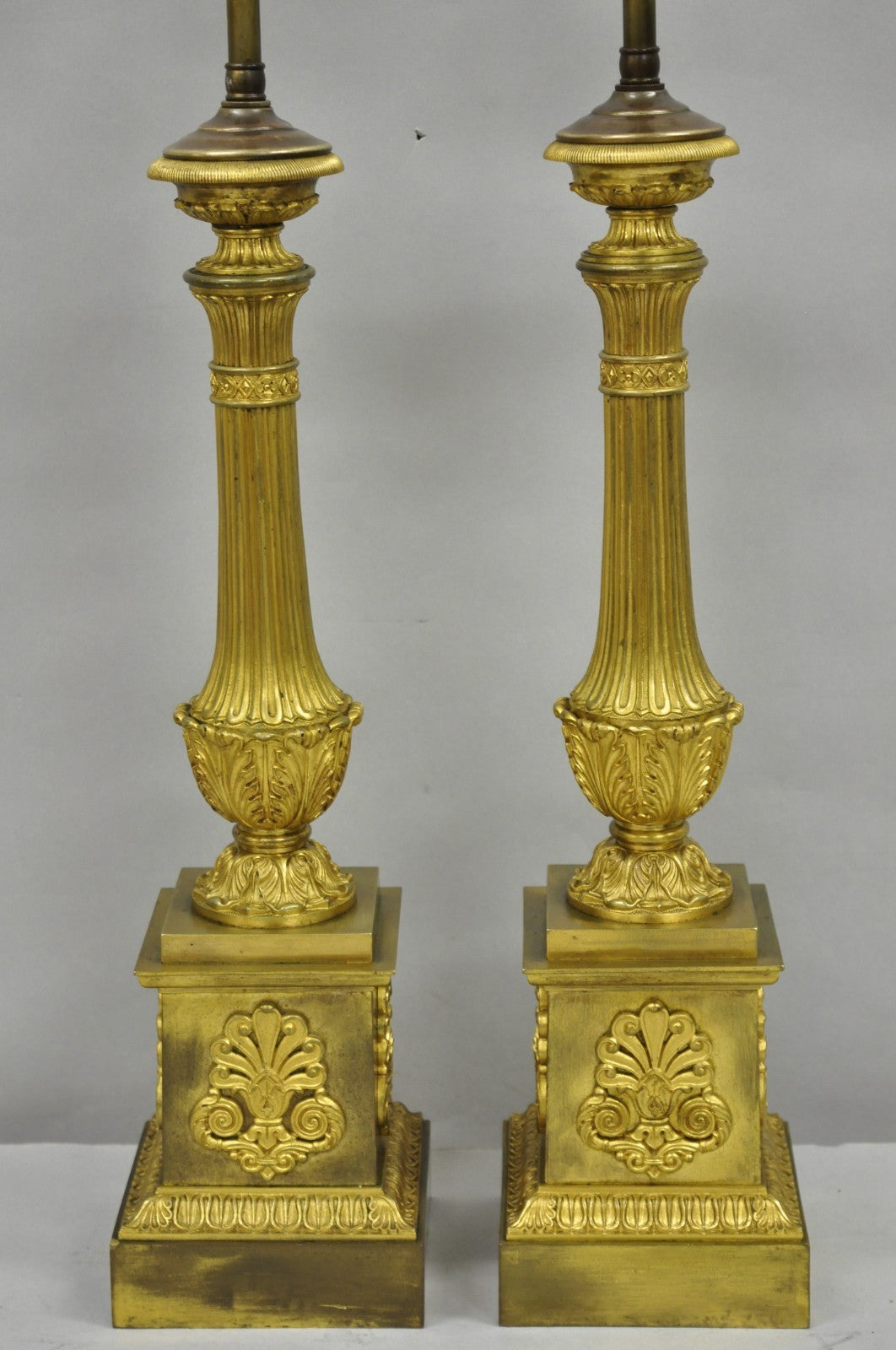 Antique French Empire Neoclassical Bronze Candlestick Column Table Lamps a Pair