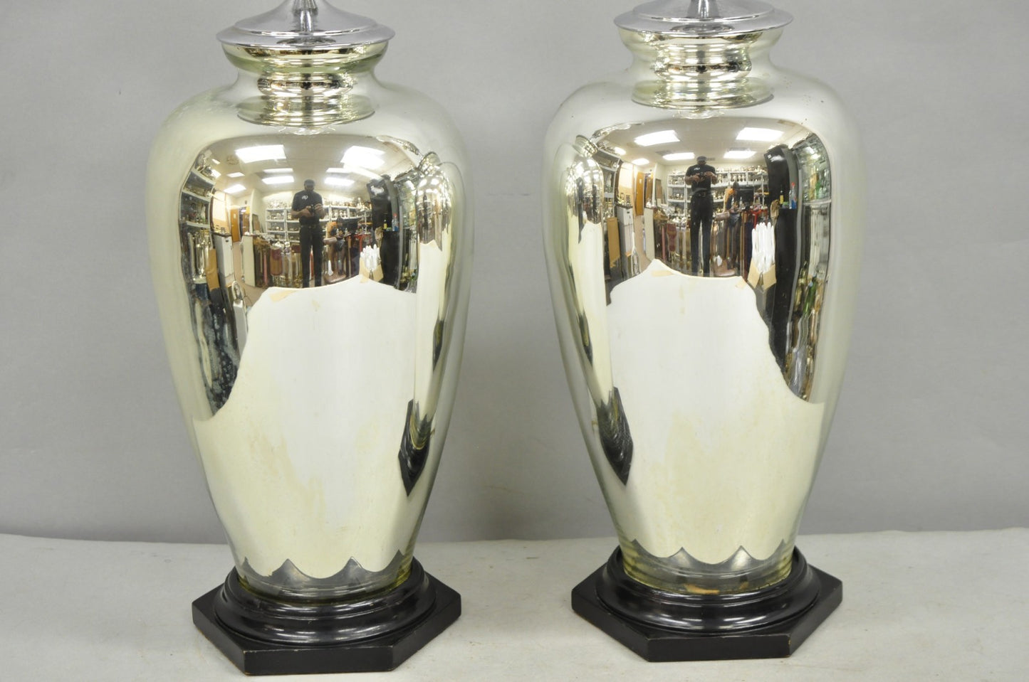 Vintage Mid Century Modern Silver Mercury Glass Jardiniere Vase Table Lamps Pair