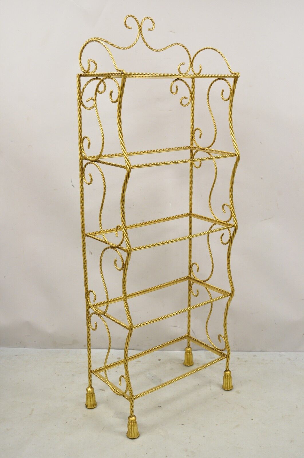 Italian Hollywood Regency Gold Gilt Iron 5 Tier Rope Tassel Narrow Etagere Stand