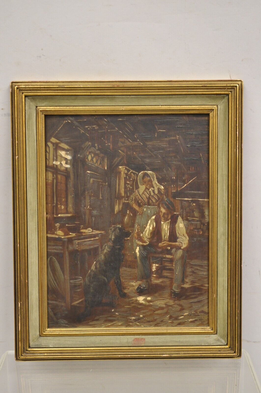 Vintage German Country Gentlemen Woman and Dog Italian Framed Painting