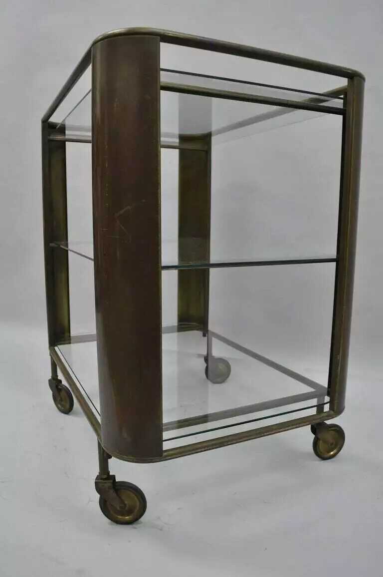 Mid Century Italian Modern Bronze & Glass Modernist Bar Tea Cart Trolley Server