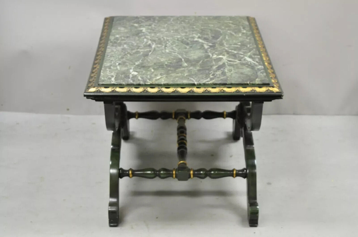 Vintage Curule X-Form Dorothy Draper Espana Style Green Marble Top Side Table