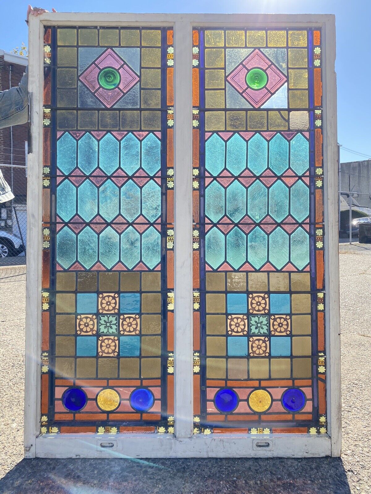 Antique Victorian 70 x 48 Double Stained Glass Window Pink Blue Green Jeweled