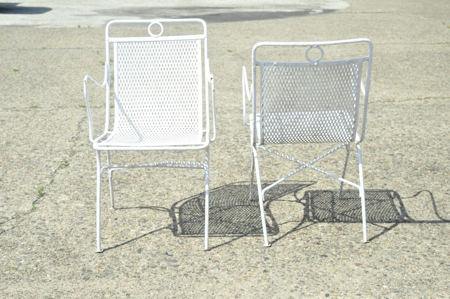 Vintage Russell Woodard White Wrought Iron Garden Patio Arm Chairs - a Pair