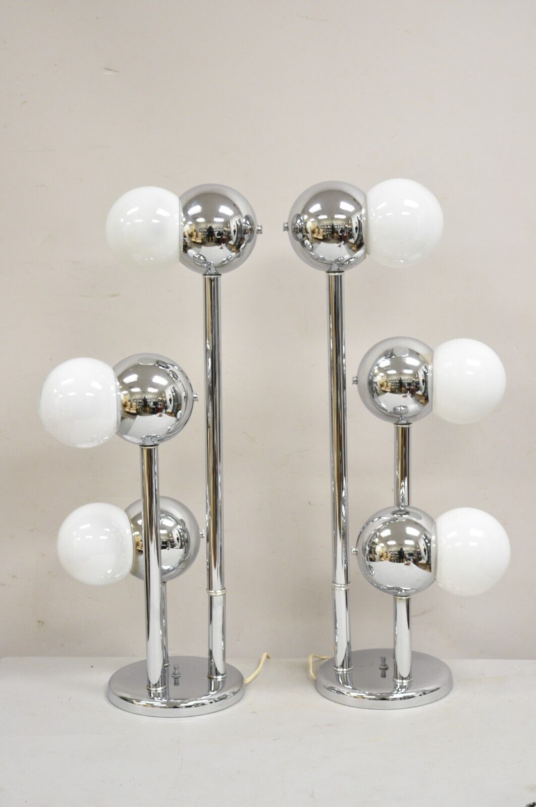 Vintage Mid Century Modern Chrome Ball Space Age 3 Light Table Lamp - a Pair
