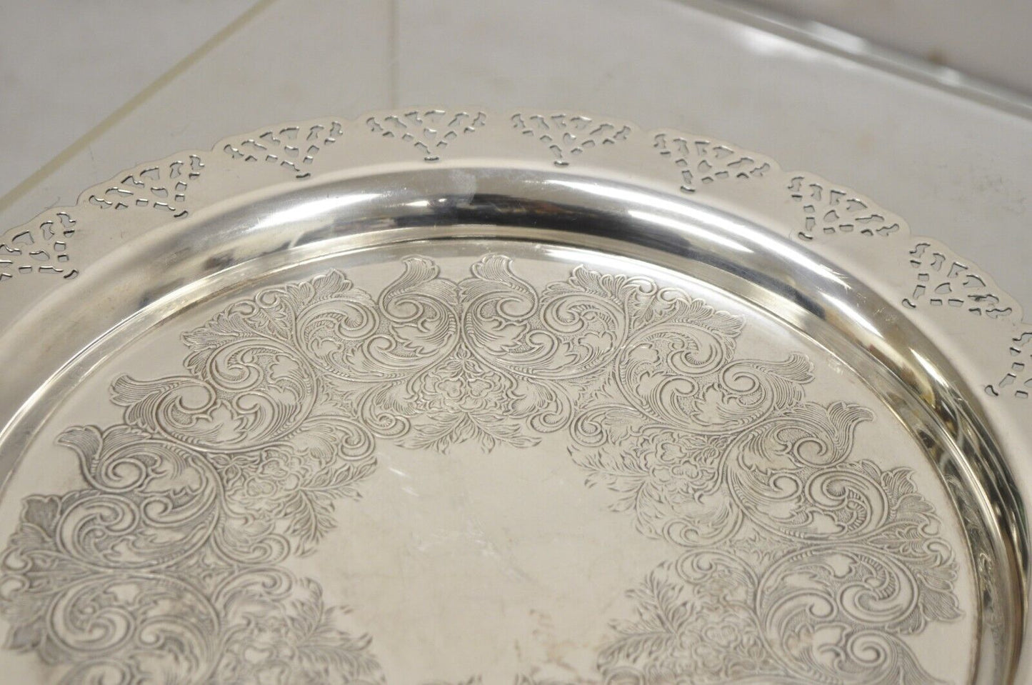 Vintage Home Decorators Inc Silver Plated Pierced Gallery Round Serving Tray