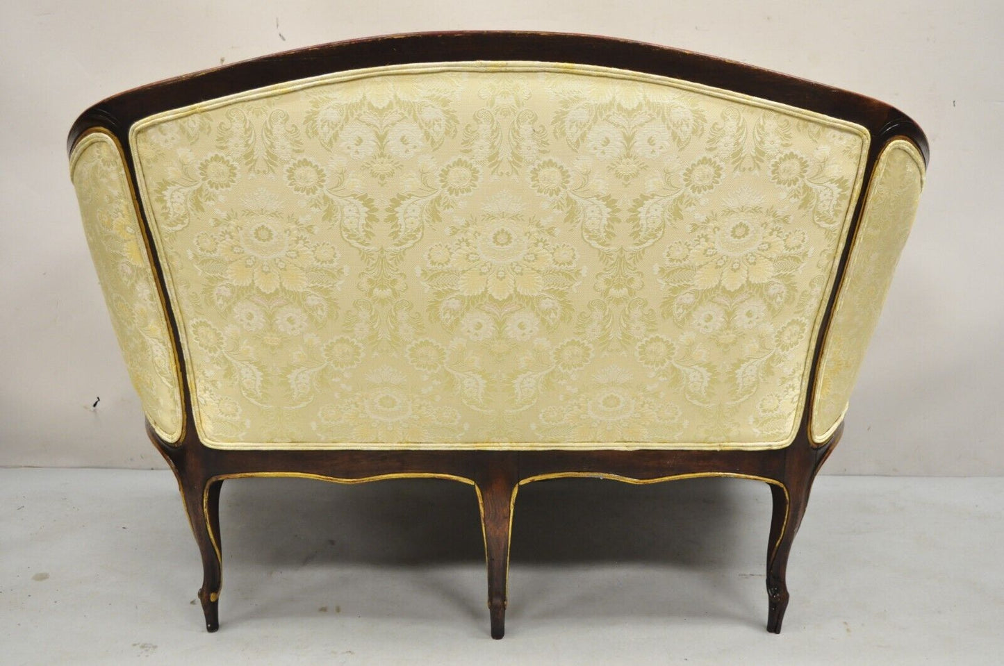 Vintage French Hollywood Regency Barrel Back Upholstered Loveseat Settee Sofa
