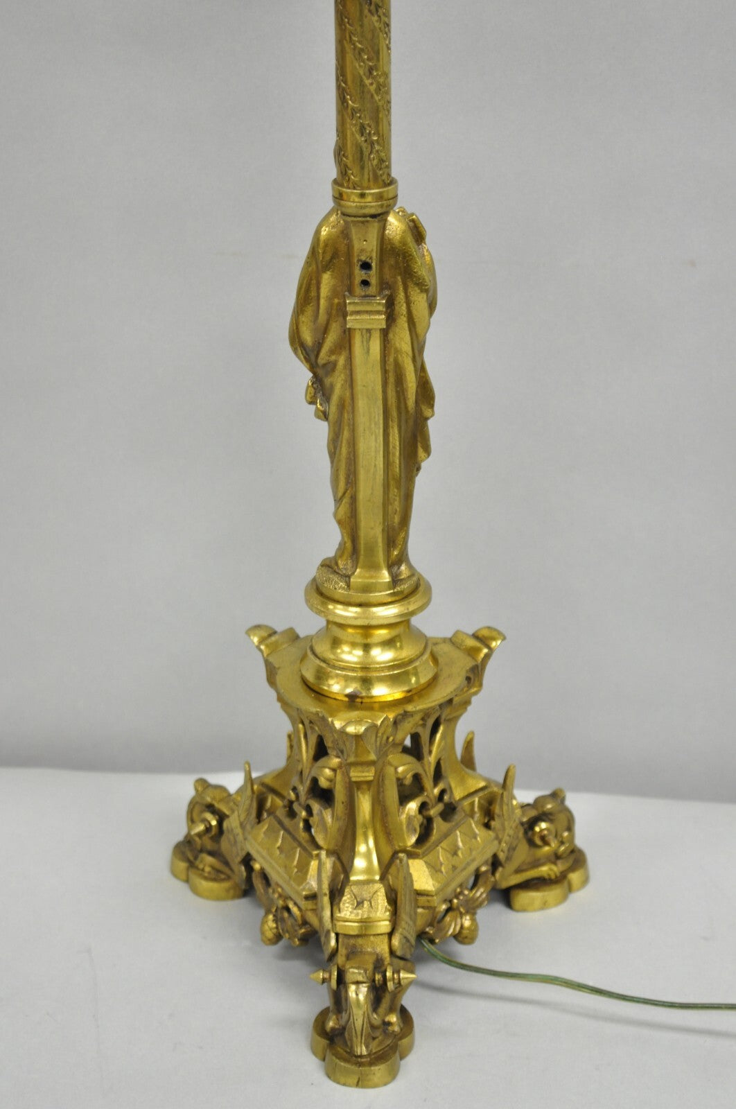 Antique French Empire Renaissance Bronze Maiden Candlestick Table Lamp