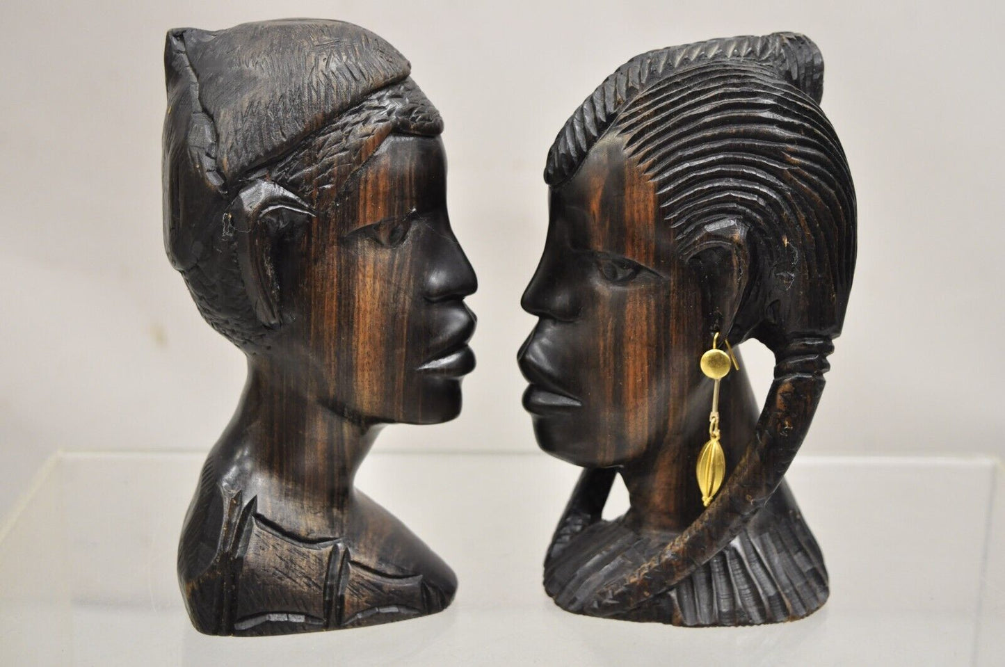 Vintage African Carved Ebony Wood 7" Male and Female Bust Statue Sculpture