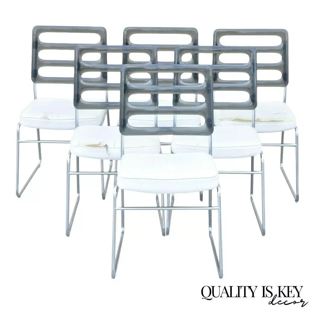 Vintage Mid Century Modern Smoked Lucite Chrome Frame Dining Chairs - Set of 6