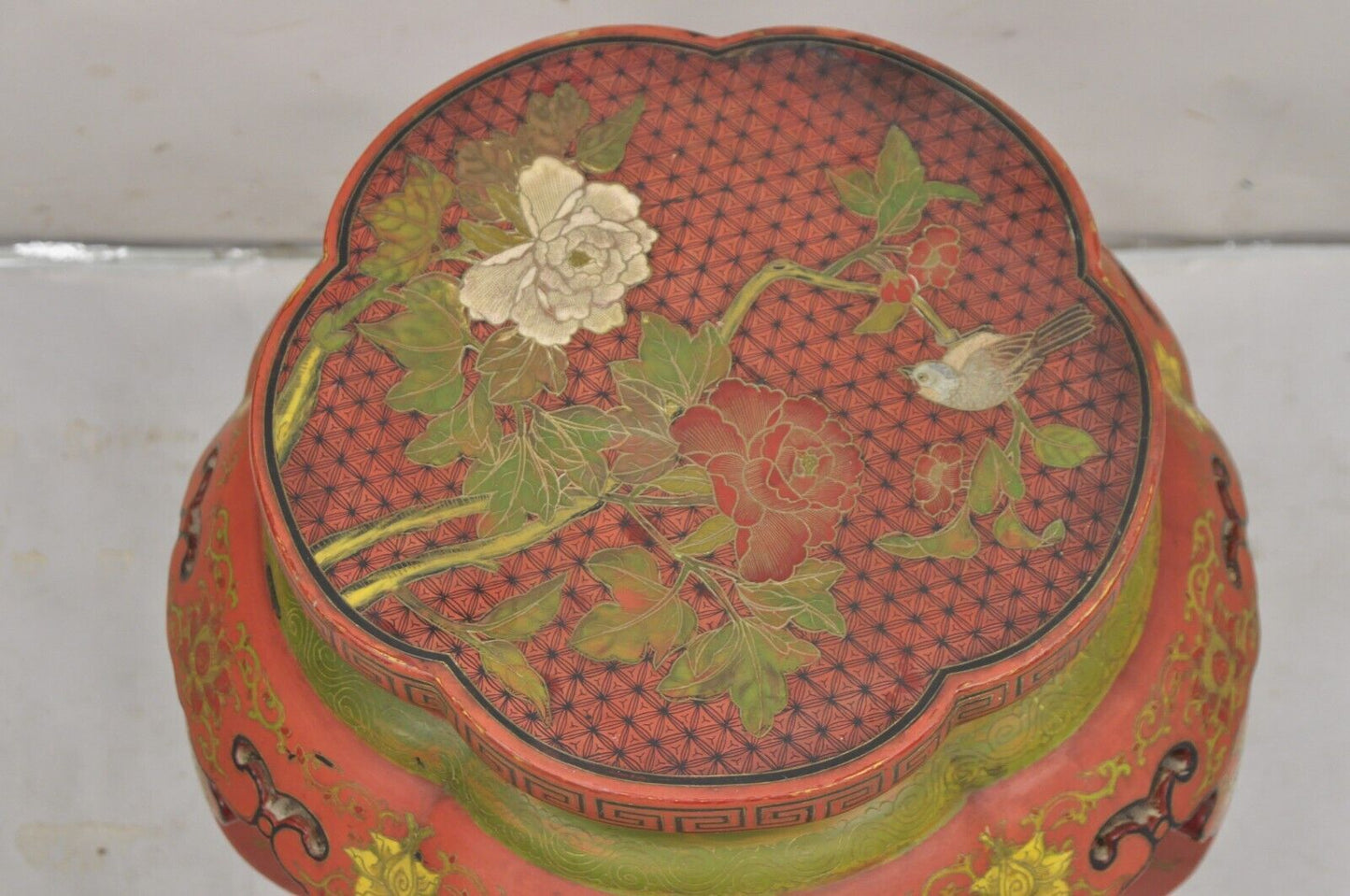 Vintage Chinoiserie Red Lacquer Chinese Drum Stool w Hand Painted Bird & Flowers