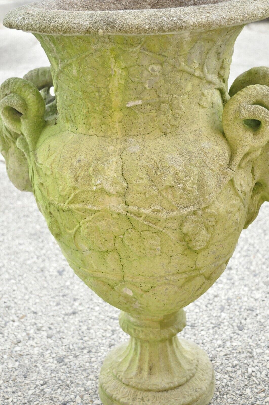French Neoclassical 28" Concrete Figural Cherub Rams Garden Planters - a Pair