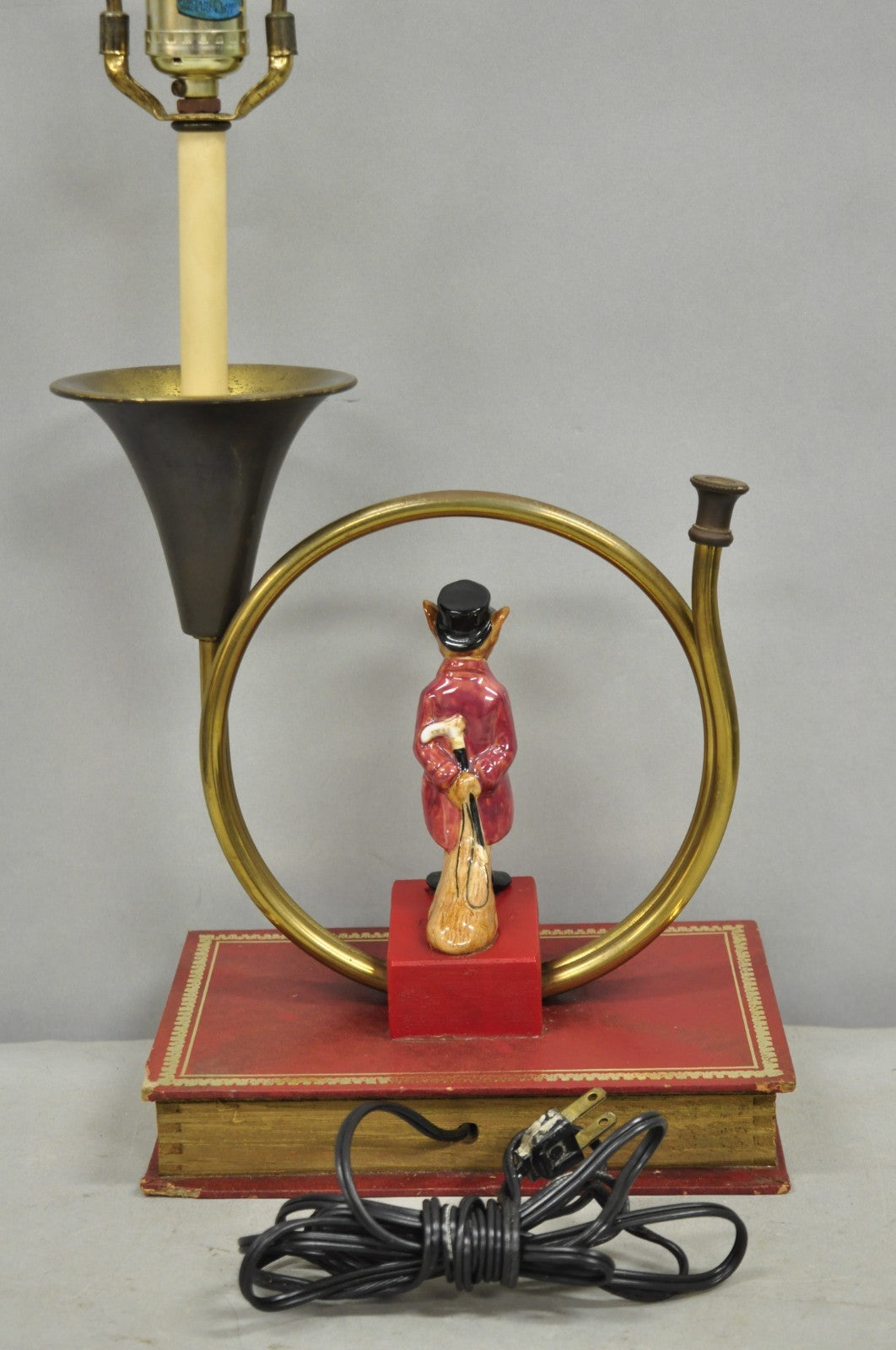 Vintage Equestrian Porcelain Snooty Mr Fox Brass Trumpet on Red Book Table Lamp