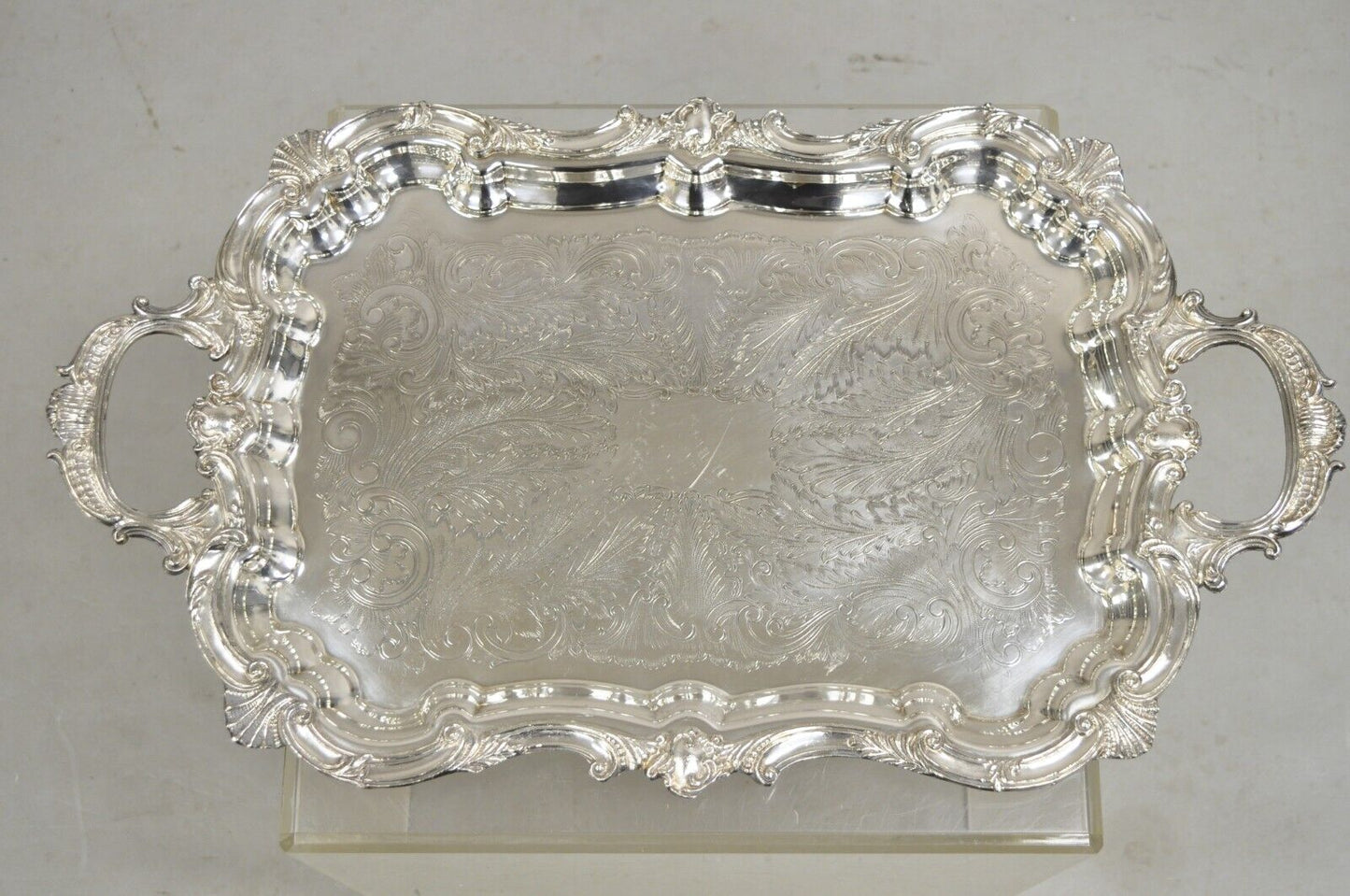 Vintage English Baroque Victorian Silver Plated Etched Serving Platter Tray