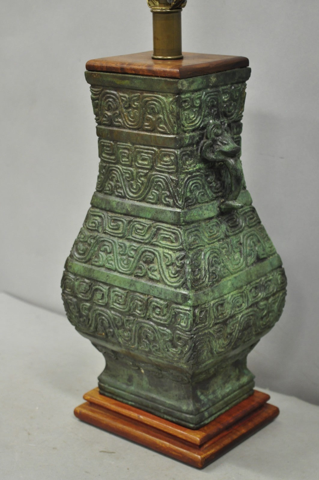Vintage Oriental Verdigris Green Archaic Bronze Figural Chinese Table Lamp