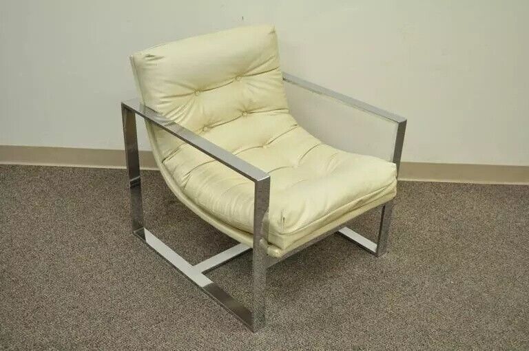 Mid Century Modern Milo Baughman Style Chrome Flat Bar Scoop Lounge Club Chair