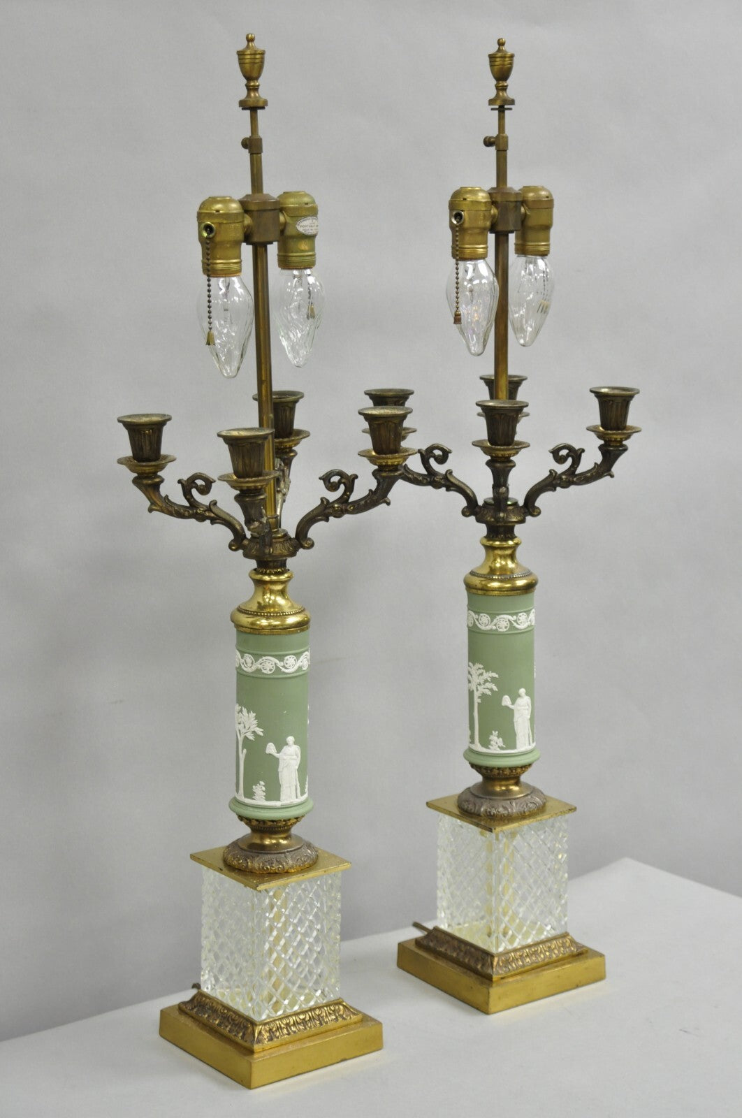 Vintage French Neoclassical Green Jasperware Candelabra Table Lamps - a Pair