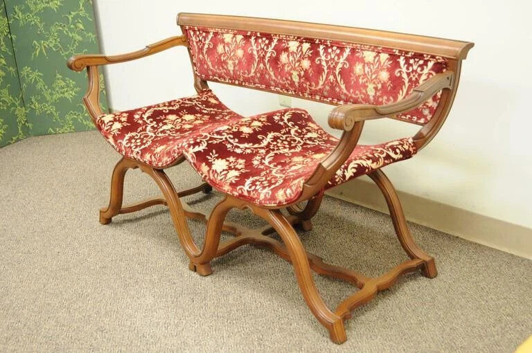 Vintage Italian Renaissance Style Double Curule X-Frame Settee Savonarola Bench