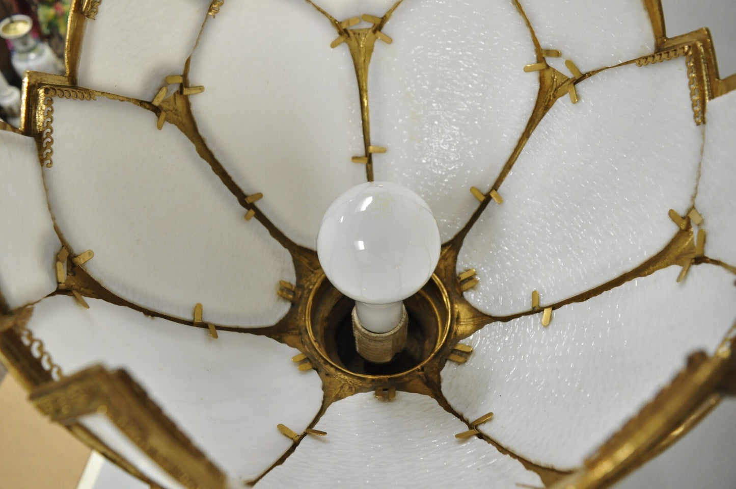Vintage Hollywood Regency Gold Tall Candlestick Lantern Tulip Shade Table Lamp