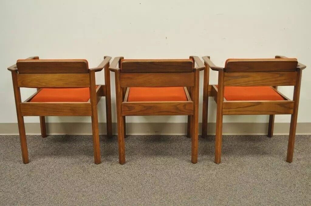 Vintage Kimball Mid Century Modern Oak Stacking Dining Arm Chairs - Set of 3