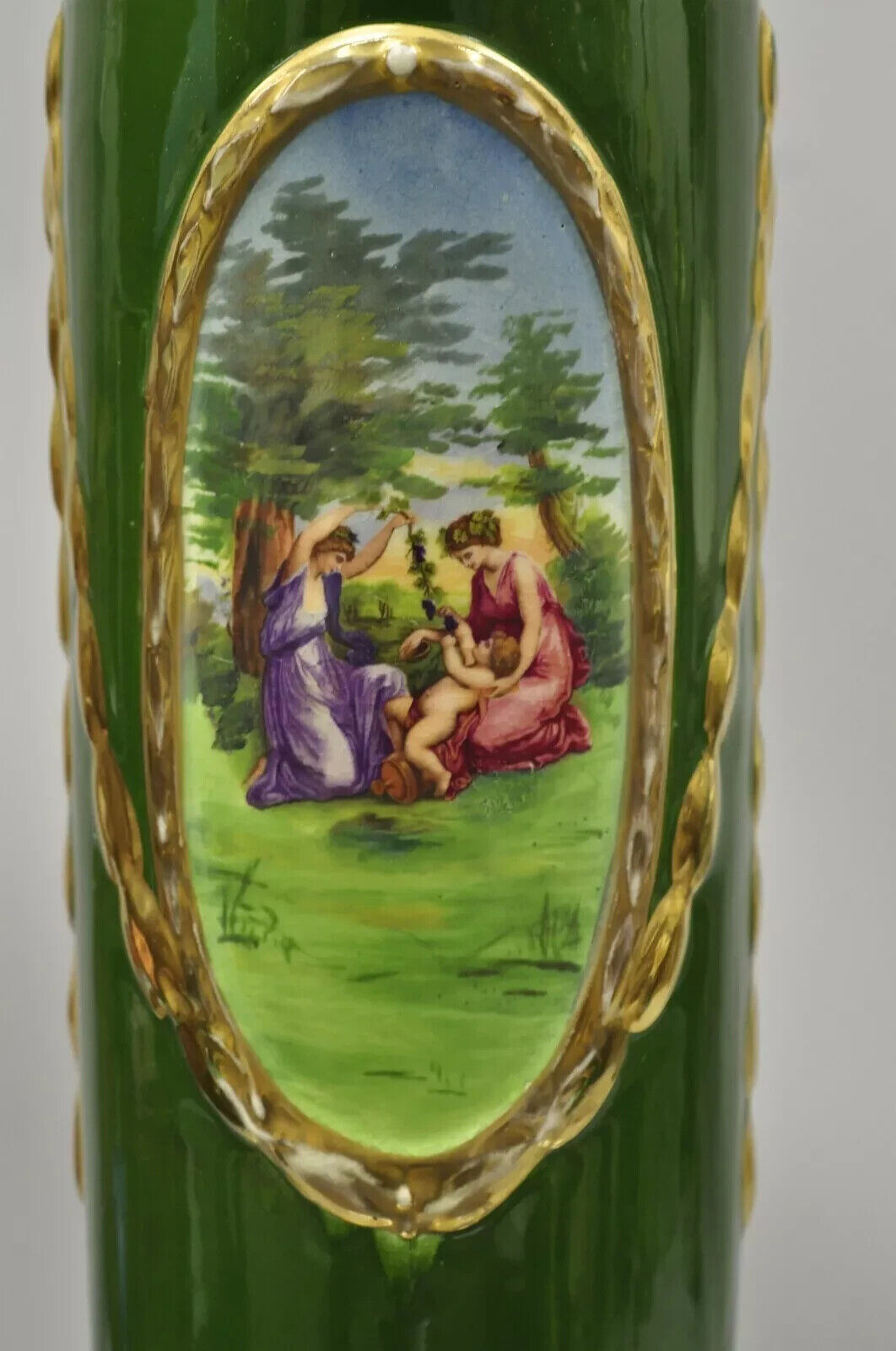 Antique Josef Joseph Strnact JS 20" Tall Green French Porcelain Vase, Austria