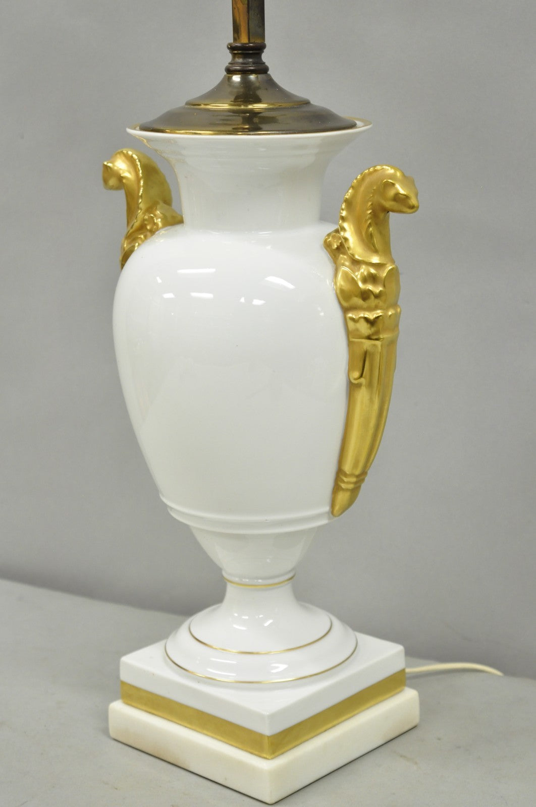 Vintage Italian Regency White Gold French Porcelain Urn Marble Base Table Lamp