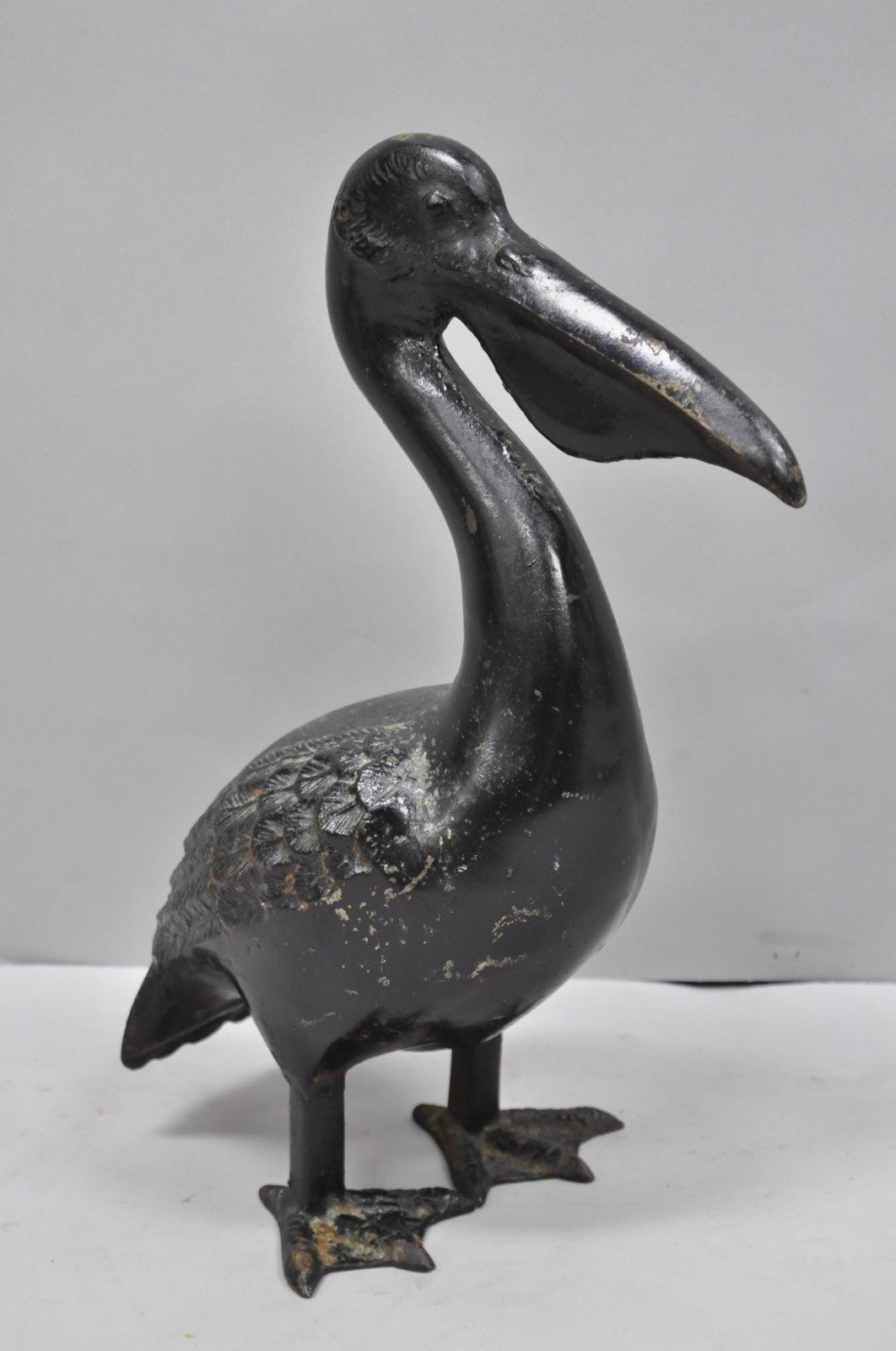Vintage Japanese Cast Iron Black 17" Pelican Bird Garden Statue Sculpture
