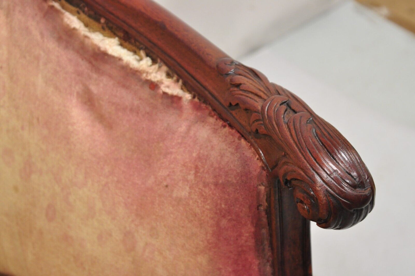 Antique French Art Nouveau Carved Mahogany Bergere Club Lounge Arm Chair
