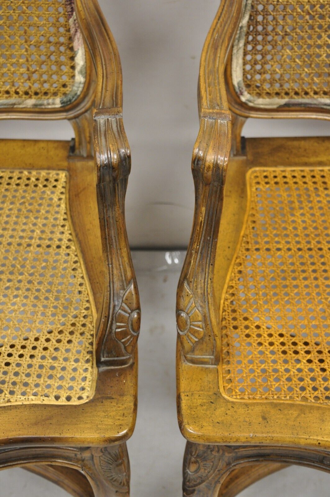 Pair Vintage French Country Louis XV Style Upholstery and Cane Lounge Arm Chairs