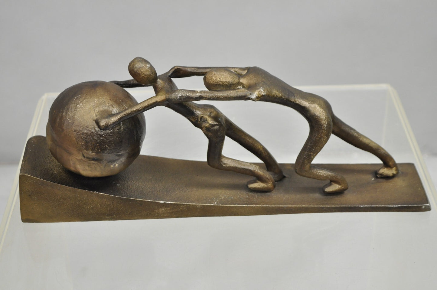 Modern Abstract Brutalist Cast Metal Sculpture Figures Pushing Boulder up Hill