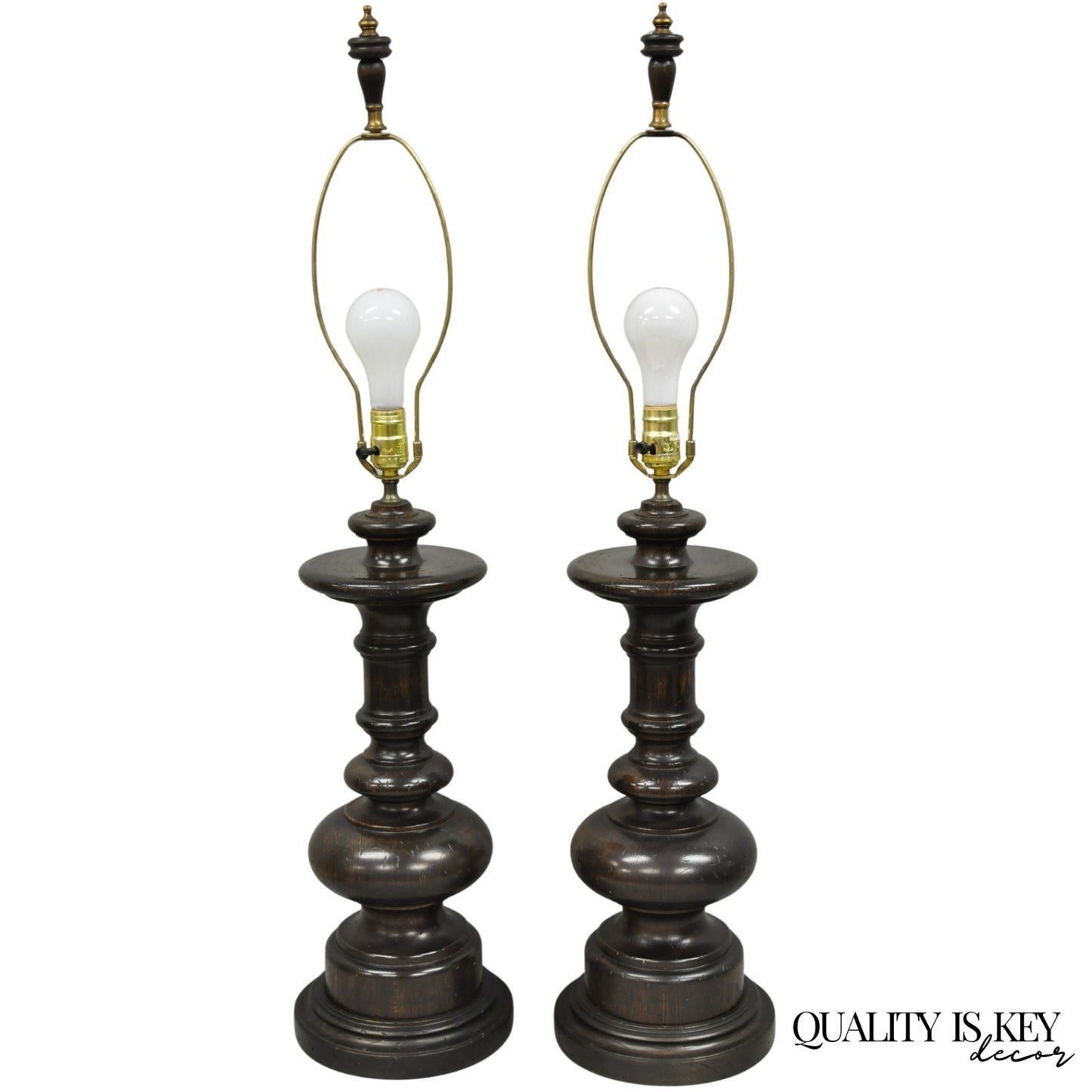 Vintage French Country Farmhouse Distressed Solid Carved Wood Table Lamps - Pair