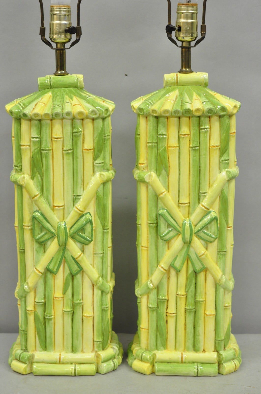 Vintage Hollywood Regency Green & Yellow Ceramic Faux Bamboo Table Lamps - Pair