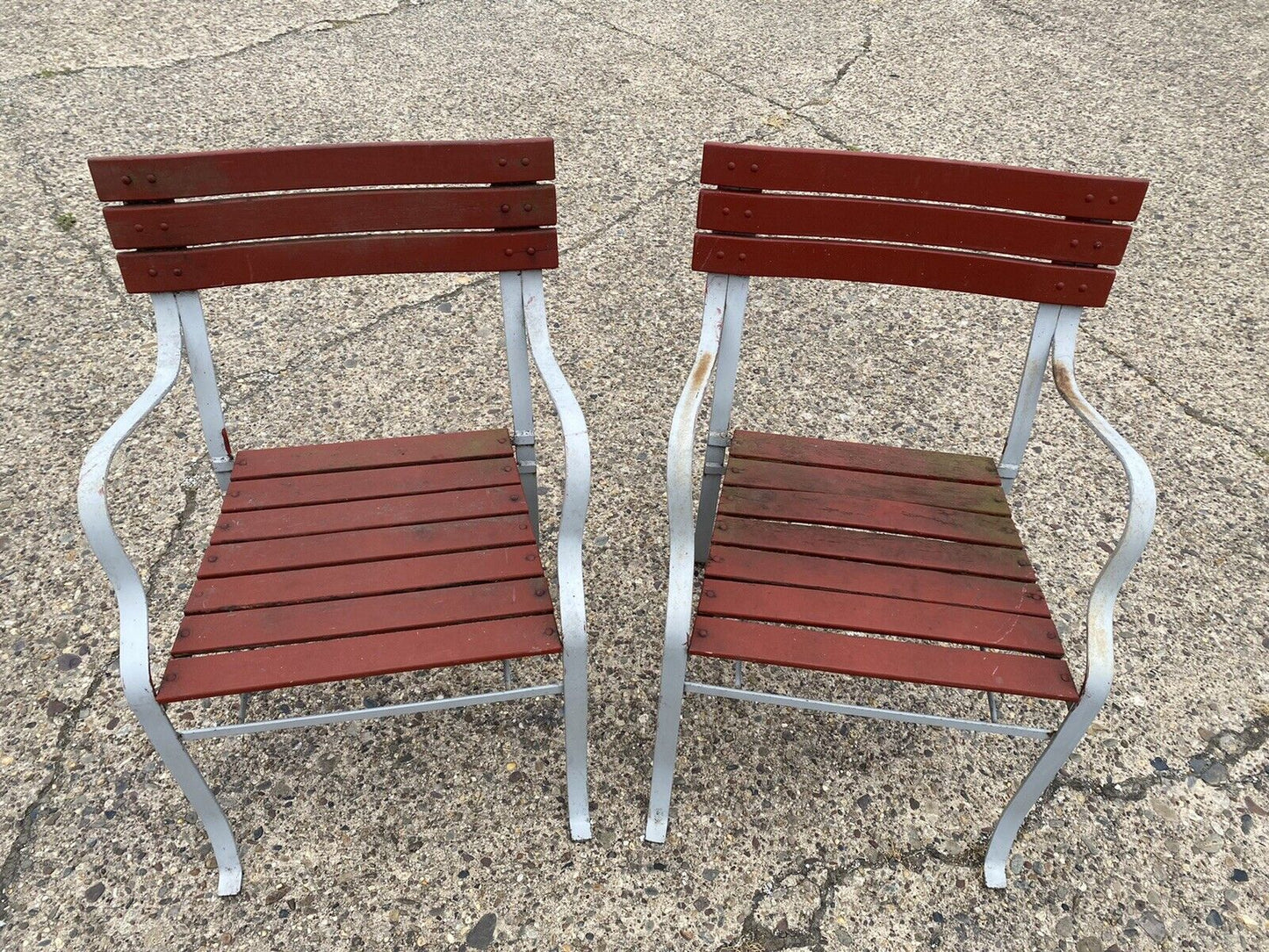 Vintage Wrought Iron and Wood Slat French Style Garden Outdoor Chairs - a Pair