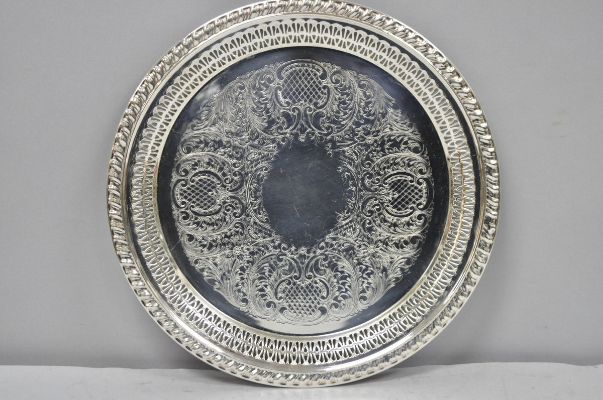 Vintage Leonard Silver Plated Pierced Gallery 12" Round Serving Platter Tray