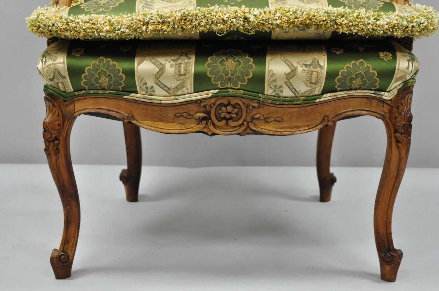 Antique French Louis XV Style Green & Gold Walnut Fauteuil Arm Chairs - a Pair