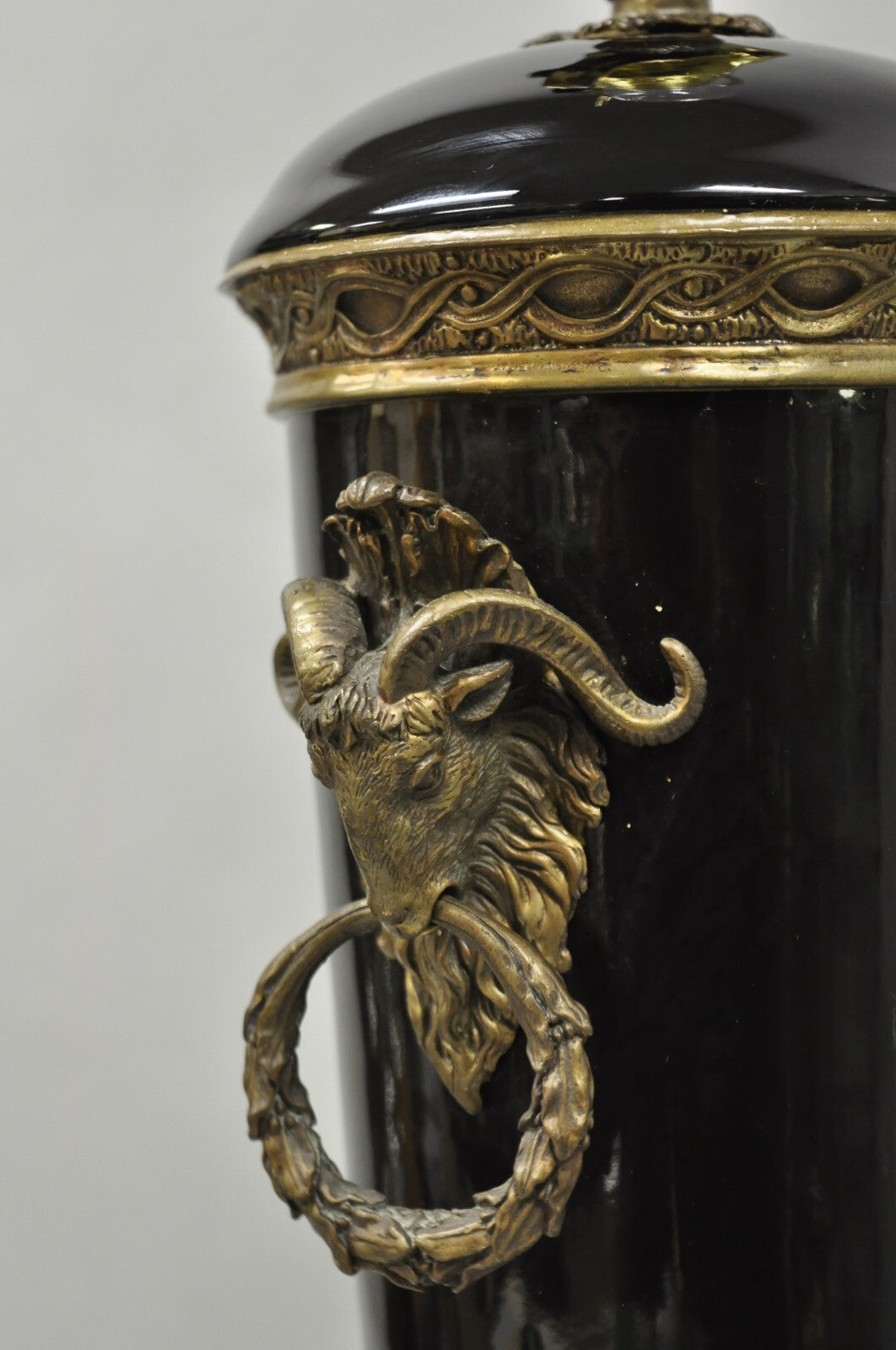 Vintage French Neoclassical Black Porcelain Urn Form Table Lamp w/Bronze Rams