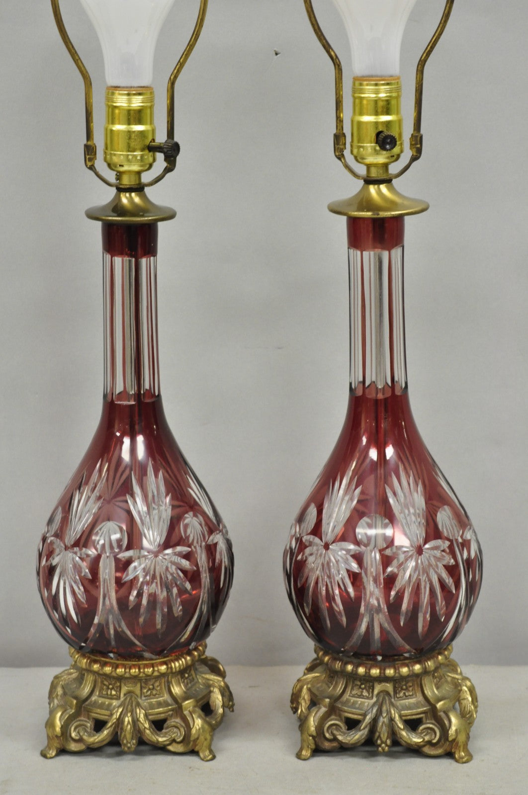 Antique Bohemian Cranberry Ruby Red Cut to Clear Glass Table Lamps - a Pair