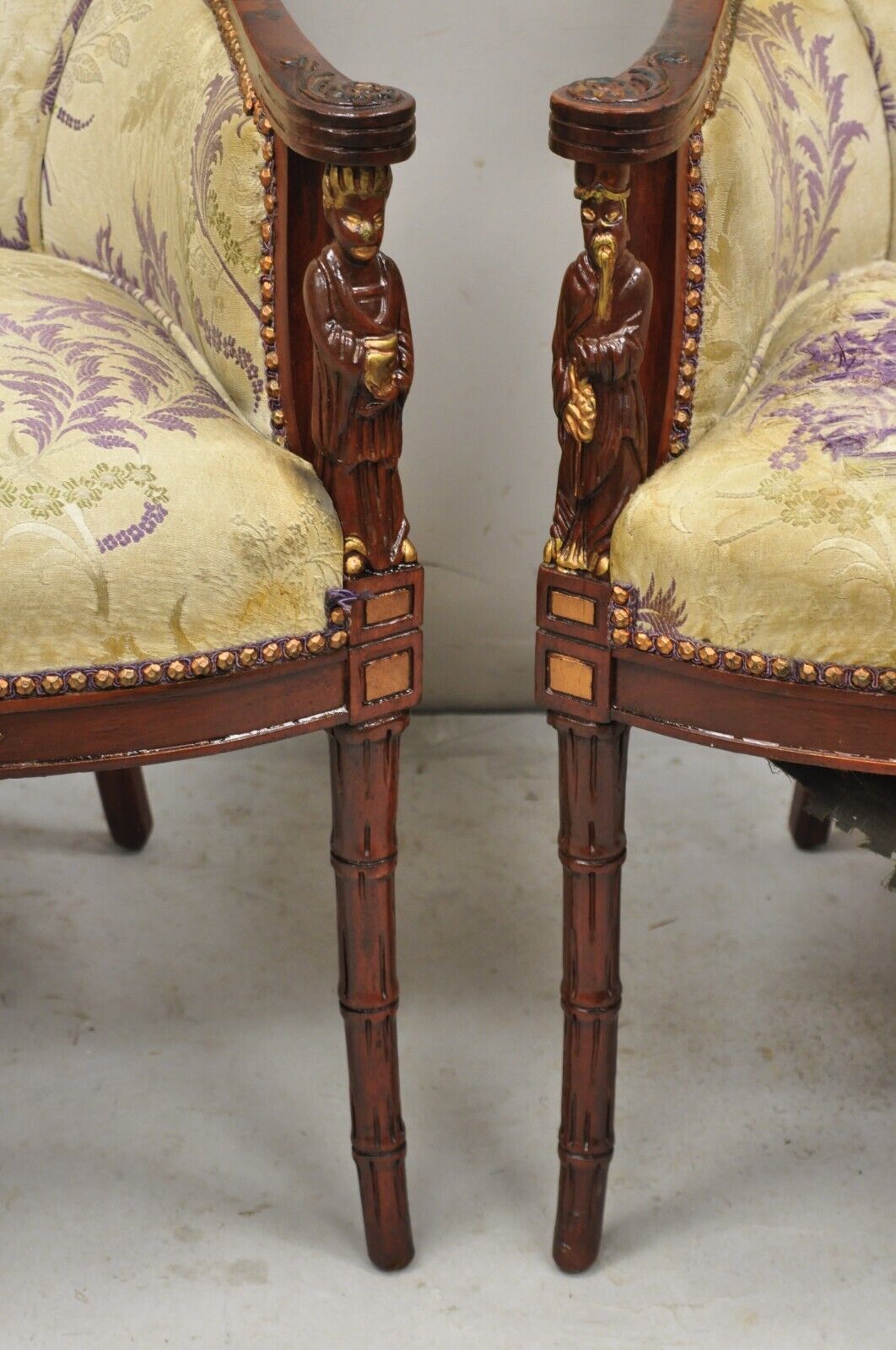 Vintage Chinoiserie Pagoda Figural Mahogany Fireside Parlor Lounge Chairs - Pair