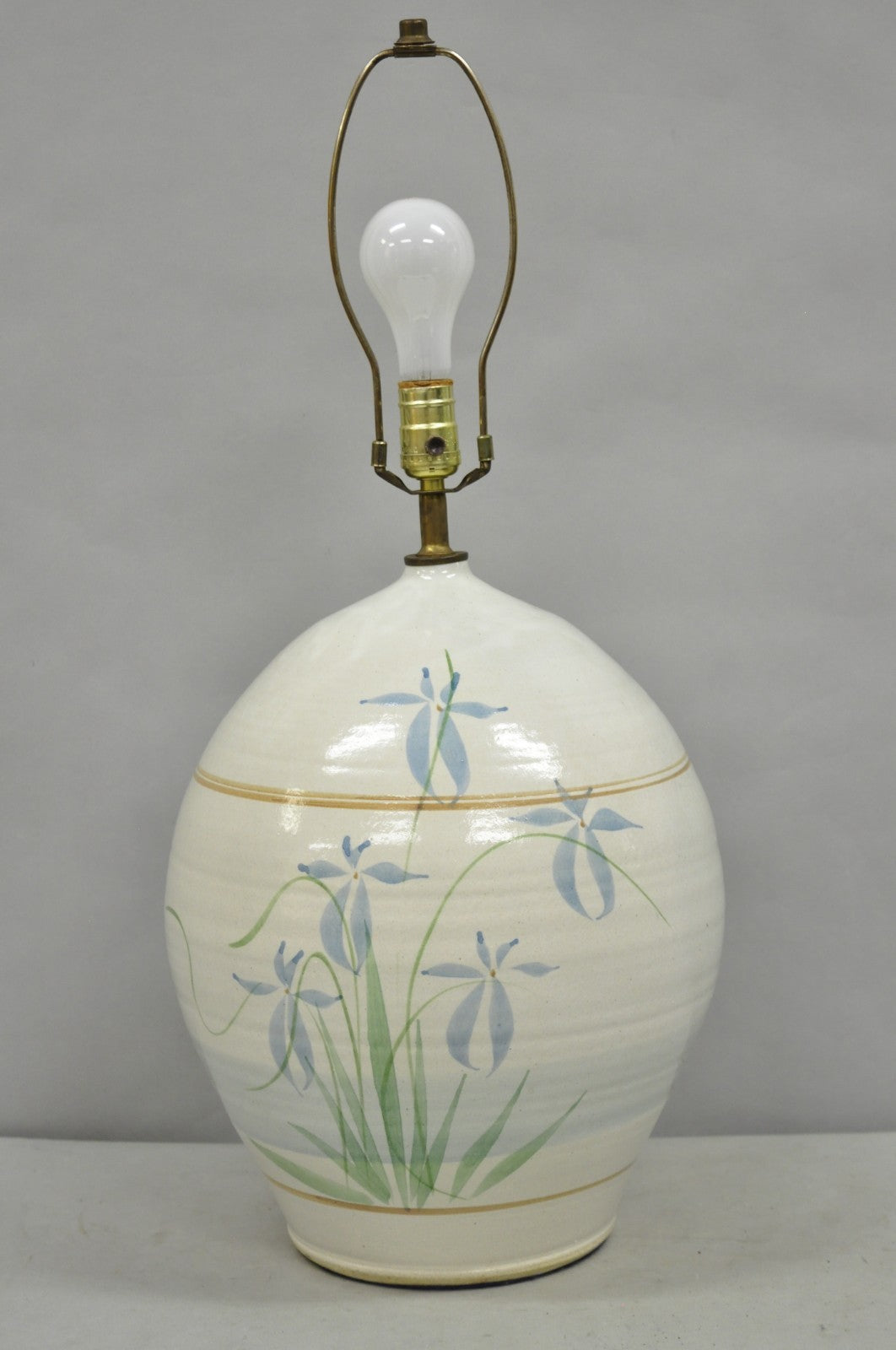 Vintage French Country Large Blue Flower Stoneware Pottery Vase Table Lamp