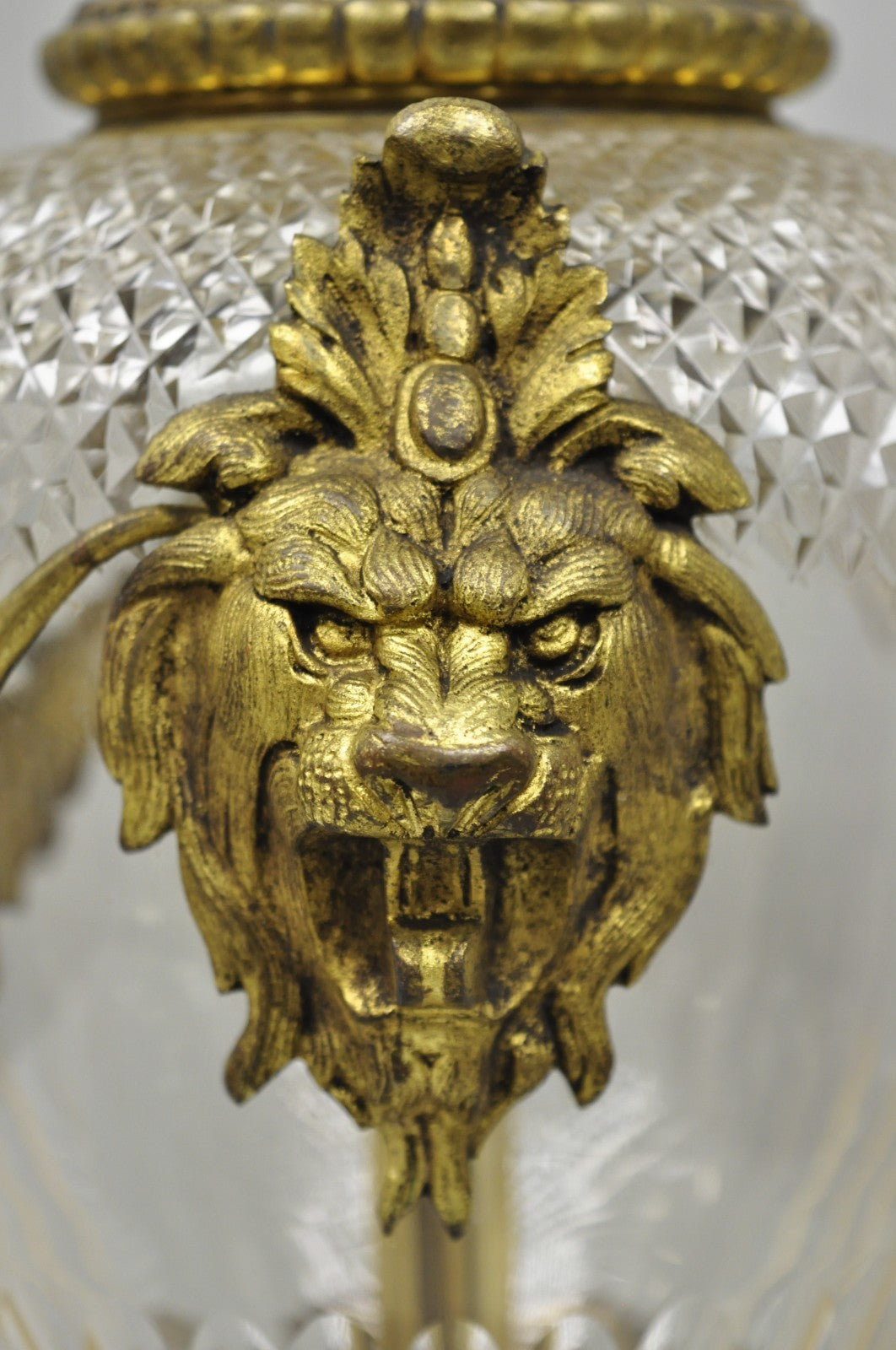 Antique French Neoclassical Bronze Lion Ormolu Diamond Cut Glass Urn Table Lamp