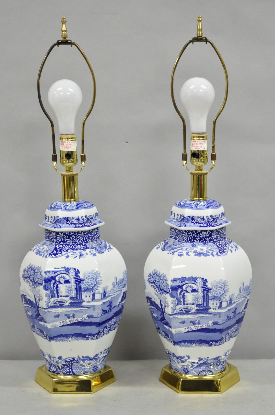 Vintage Spode Chinoiserie French Blue White Porcelain Ginger Jar Table Lamp Pair