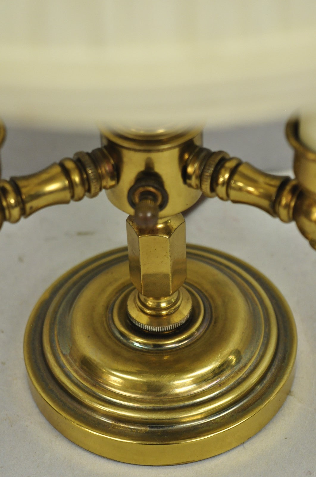 Vintage French Country Style Small Brass Candelabra Bouillotte Desk Lamp w Shade