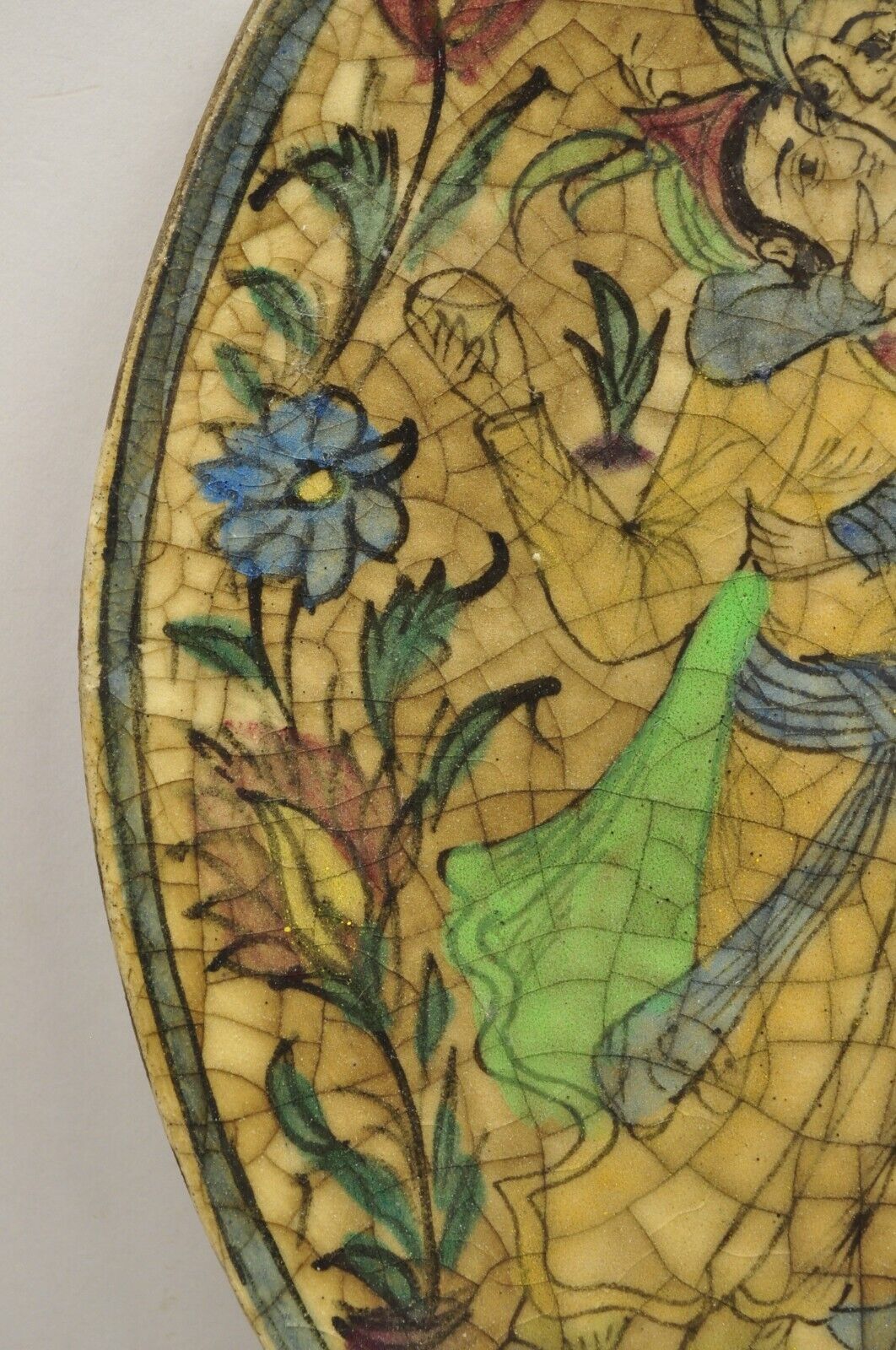 Antique Persian Iznik Qajar Style Oval Ceramic Pottery Tile Loving Embrace C2