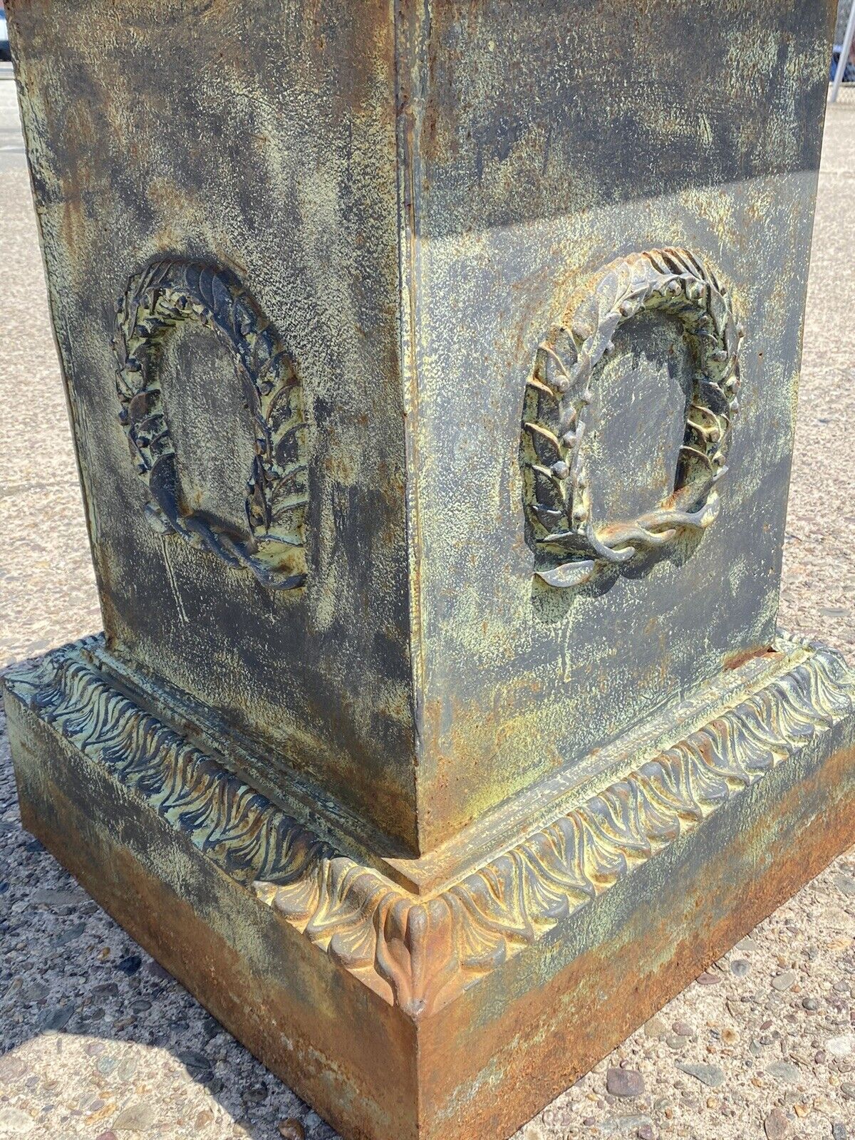 Pair Large Neoclassical Style Cast Iron Wreath Green Garden Urn Pedestal Base