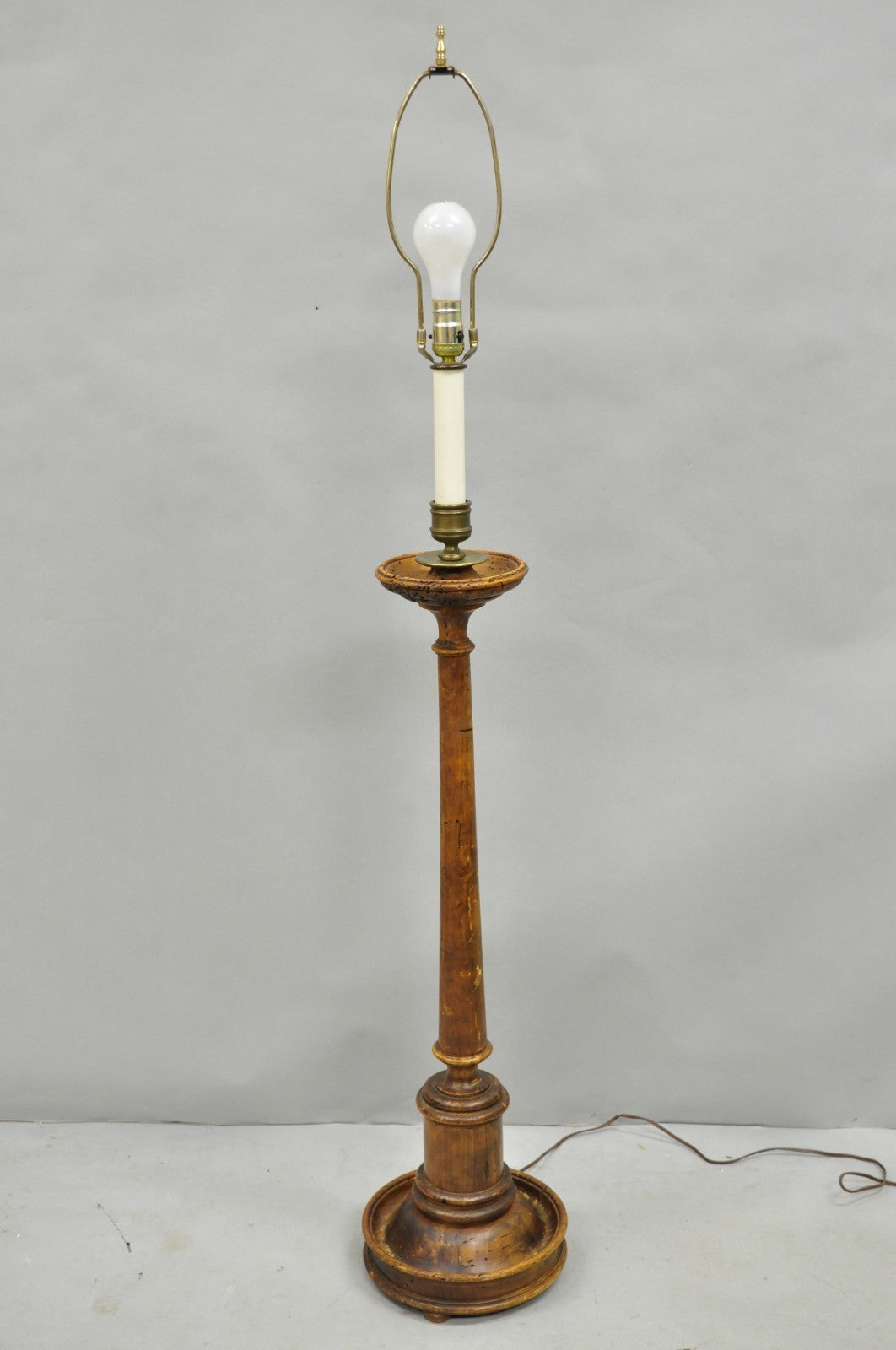 Vintage French Country Carved Wood Distressed Candlestick Floor Lamp by Chapman
